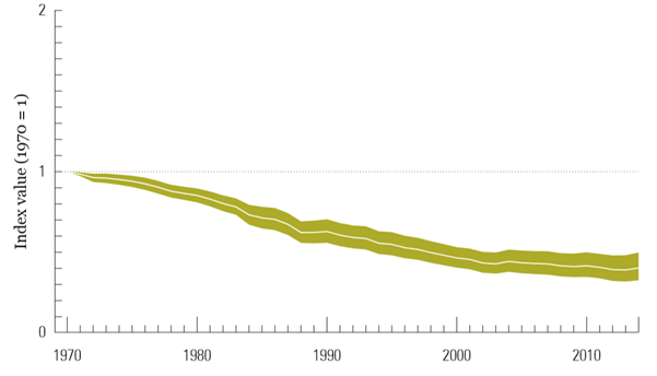 As of 2014, biodiversity has fallen by between 1/2 and 2/3 of 1970 levels. Conservation areas could reverse this trend.