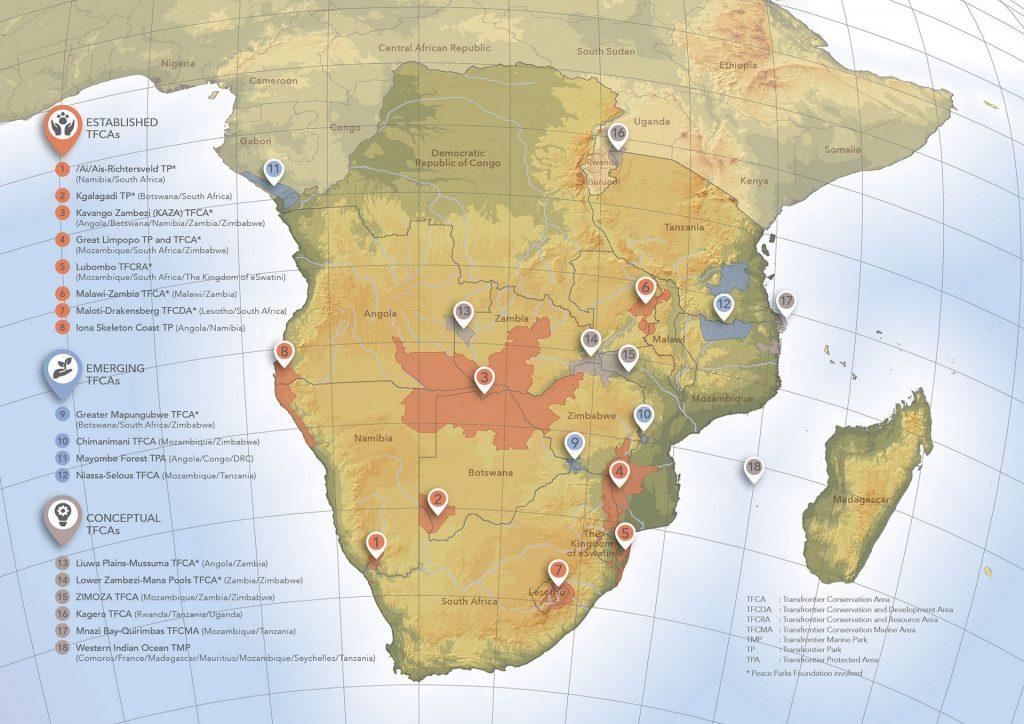 18 trans-frontier conservation areas exist within southern Africa.