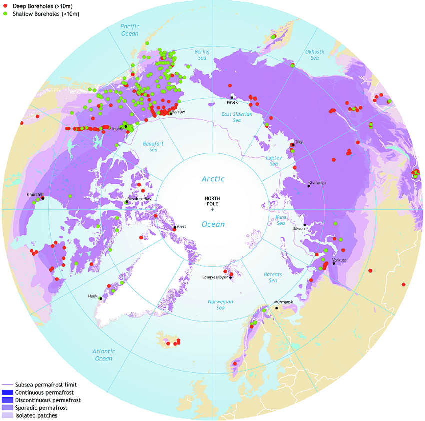 Map showing the location of permafrost regions.