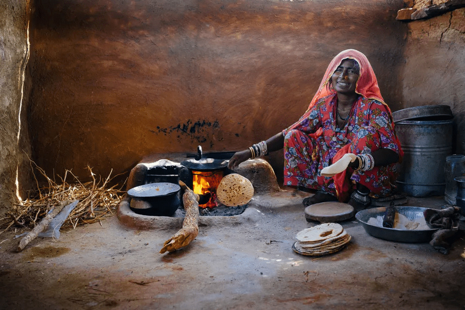 An indoor wood cookstove in rural India. Cooking with fire was a crucial step in the development of humans.