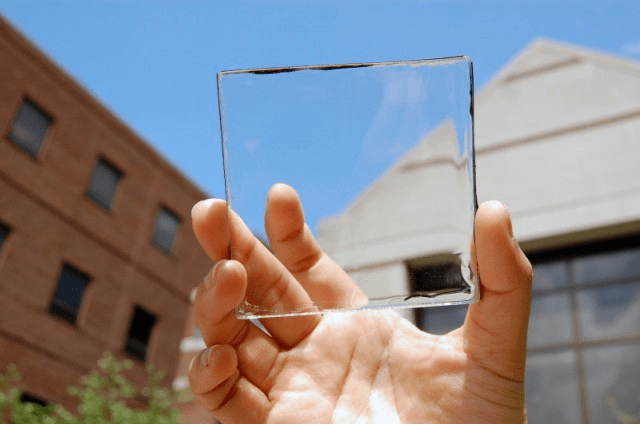 A prototype transparent solar panel with a cell.