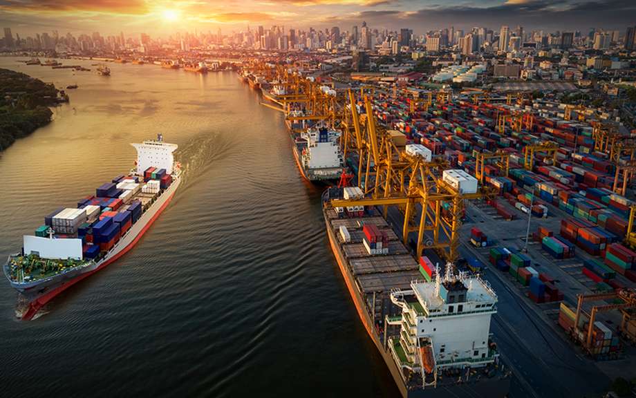 Logistics and transportation of Container Cargo ship and Cargo plane.