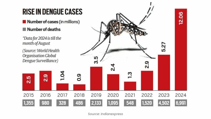 India faces similar challenges with vector-borne diseases: A significant rise in Dengue cases and deaths have been recorded between 2015-2024. 