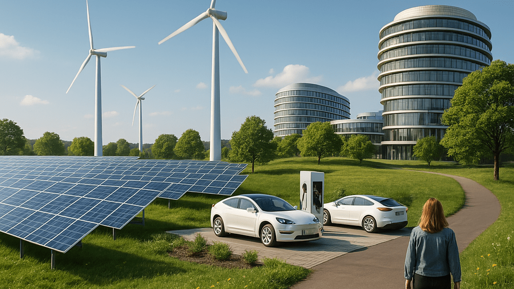 A vision of the thrivable future—where clean energy, electric mobility, and regenerative design shape sustainable living environments.