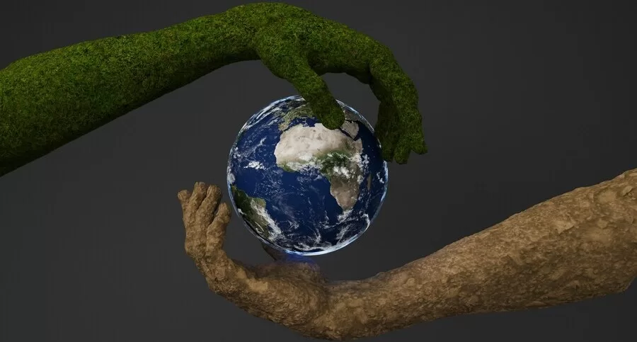 Challenging sustainability myths—two hands, one green and one dry, cradle the Earth, symbolizing the shift from doing less harm to regenerating the planet.