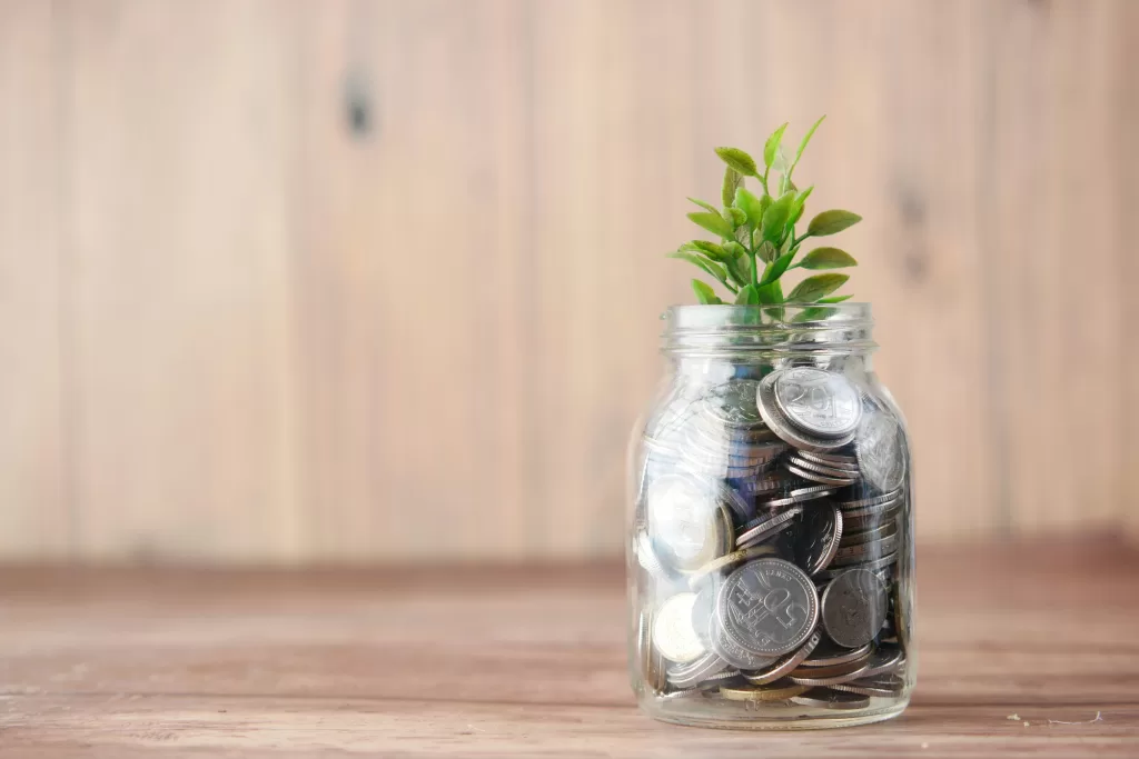 Glass jar filled with coins and a green plant sprouting from the top, representing the role of money in supporting regenerative, thrivable systems.