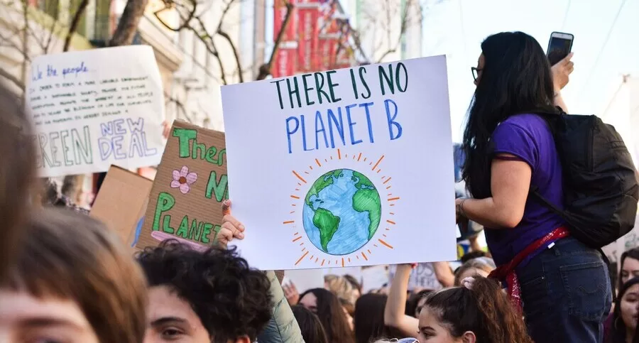 Crowd of climate activists at a protest holding hand-drawn signs, including one that says “There is no Planet B,” advocating for a thrivable lifestyle and environmental protection.