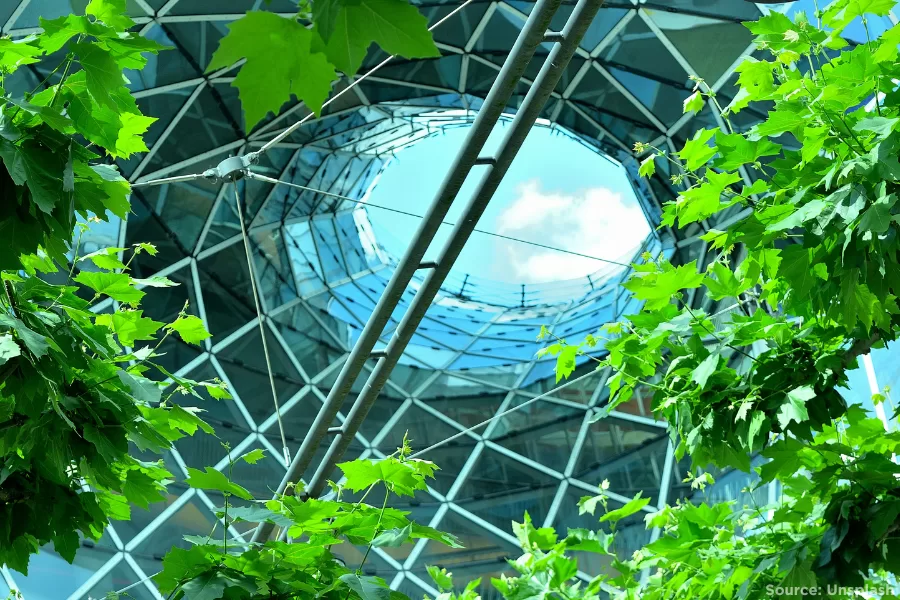 Futuristic building with greenery