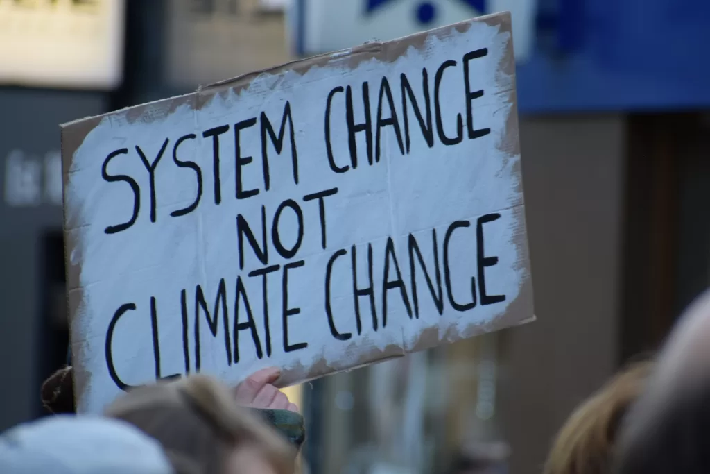 Protester holds “System Change Not Climate Change” sign, calling for systemic climate mitigation and adaptation policies.