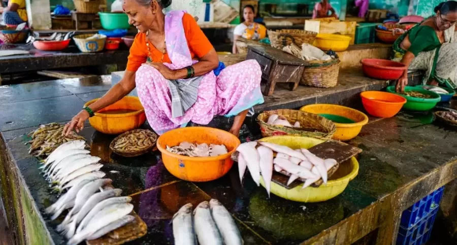 A woman selling fish in the market.
