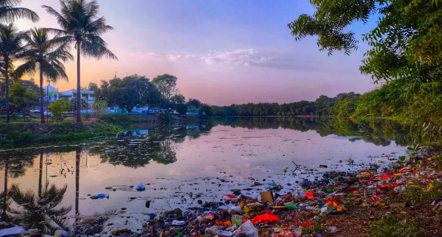 Polluted shoreline with plastic and mixed waste in a tropical setting, illustrating wealthy cities exporting waste to the Global South
